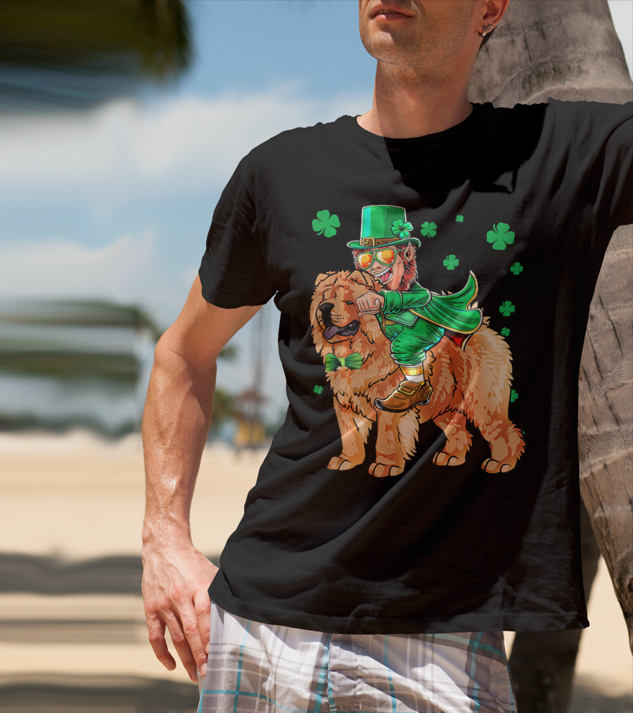 Leprechaun Riding Chow Chow With Shamrocks St. Patrick's Day T-Shirt