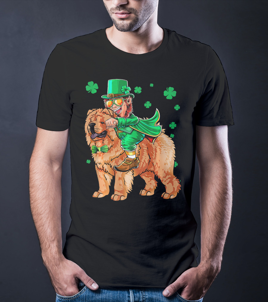Leprechaun Riding Chow Chow With Shamrocks St. Patrick's Day T-Shirt