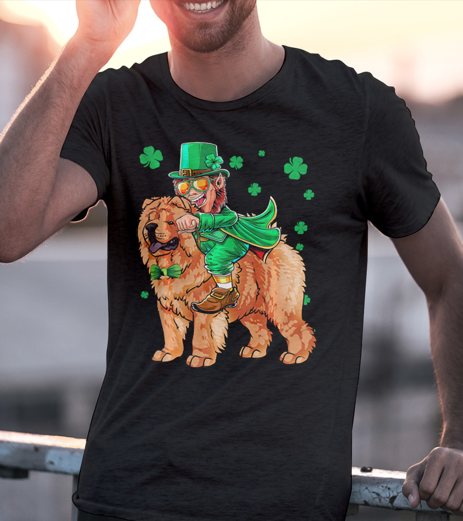 Leprechaun Riding Chow Chow With Shamrocks St. Patrick's Day T-Shirt