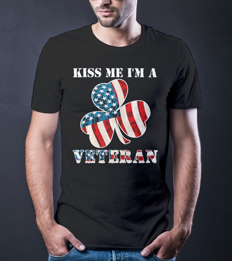 Kiss Me I'm A Veteran Patriotic Shamrock St Patricks Day T-Shirt