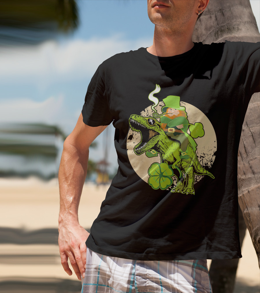 St Patricks Day Leprechaun Riding Dinosaur With Shamrocks T-Shirt