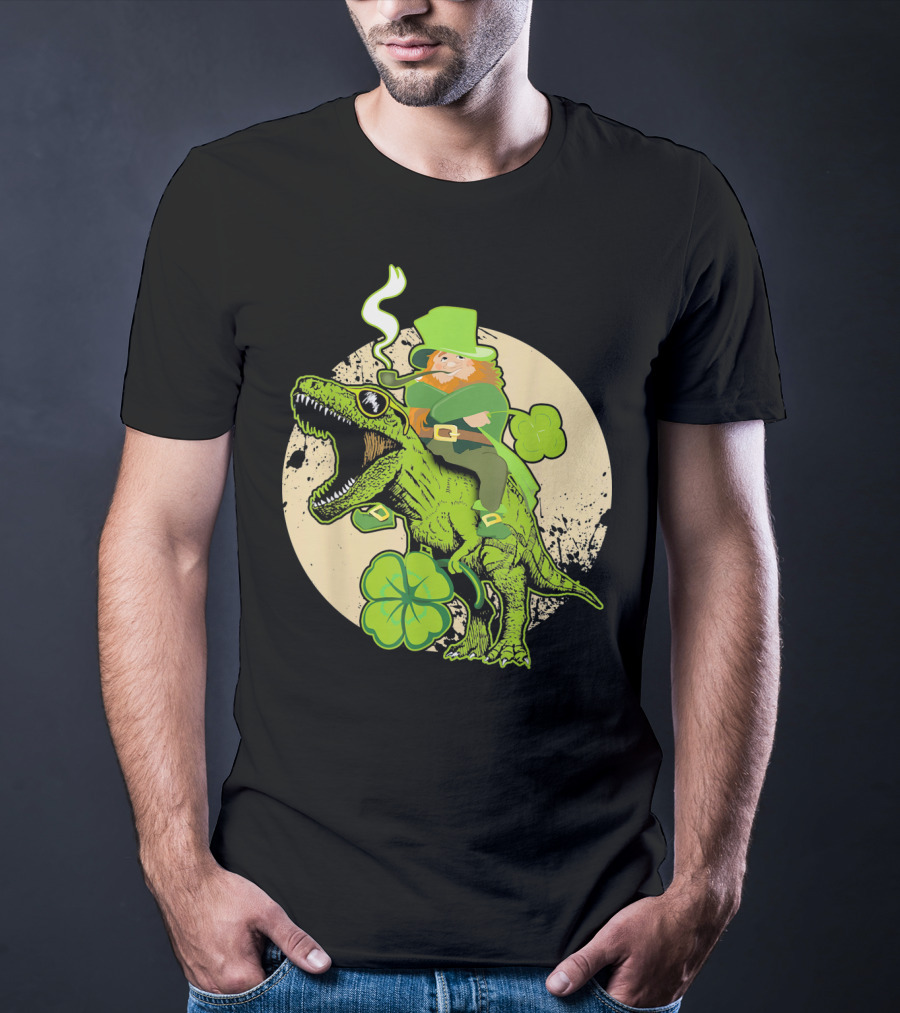 St Patricks Day Leprechaun Riding Dinosaur With Shamrocks T-Shirt