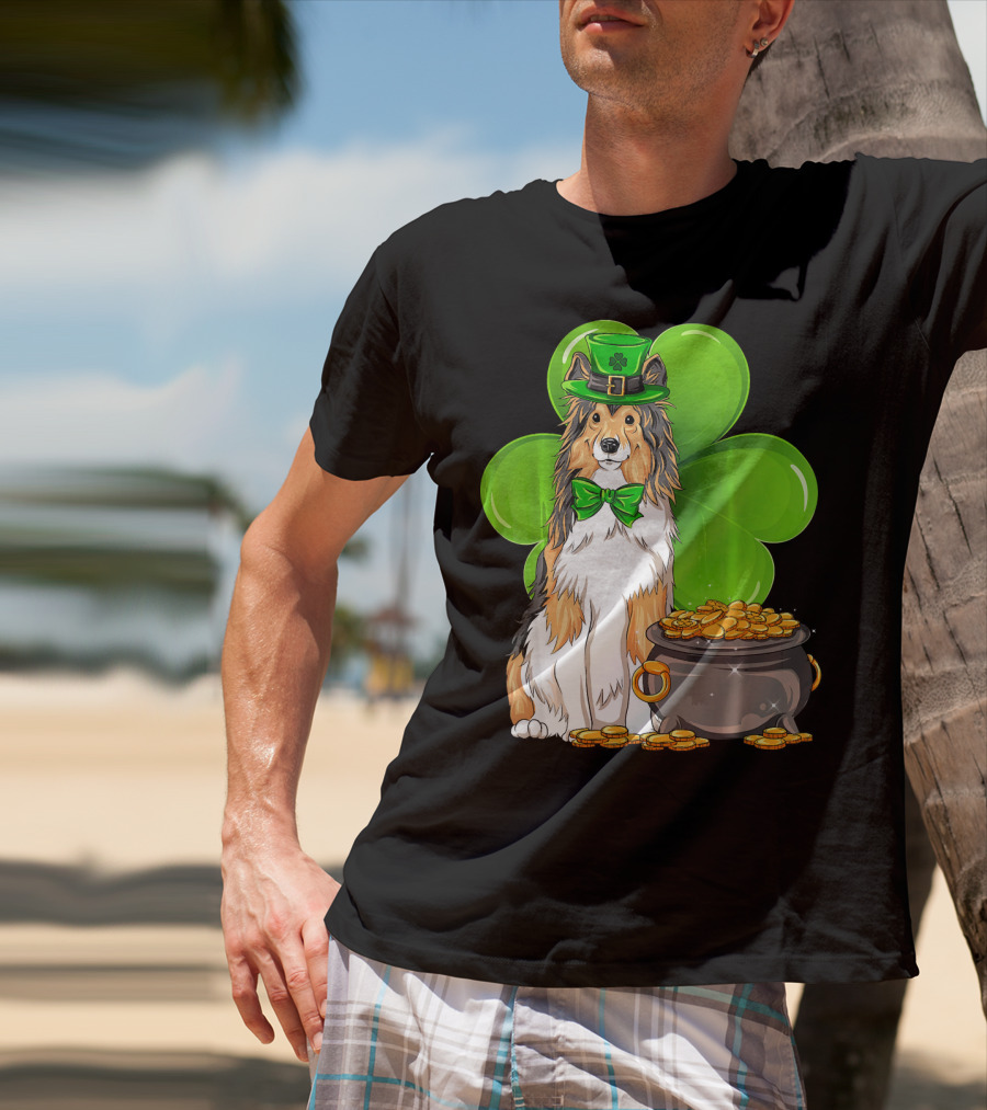 Shetland Sheepdog St Patricks Day Leprechaun Clover And Pot Of Gold T-Shirt