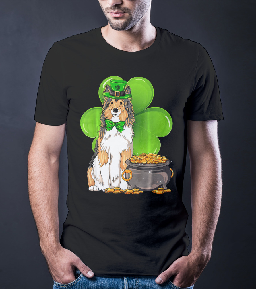 Shetland Sheepdog St Patricks Day Leprechaun Clover And Pot Of Gold T-Shirt