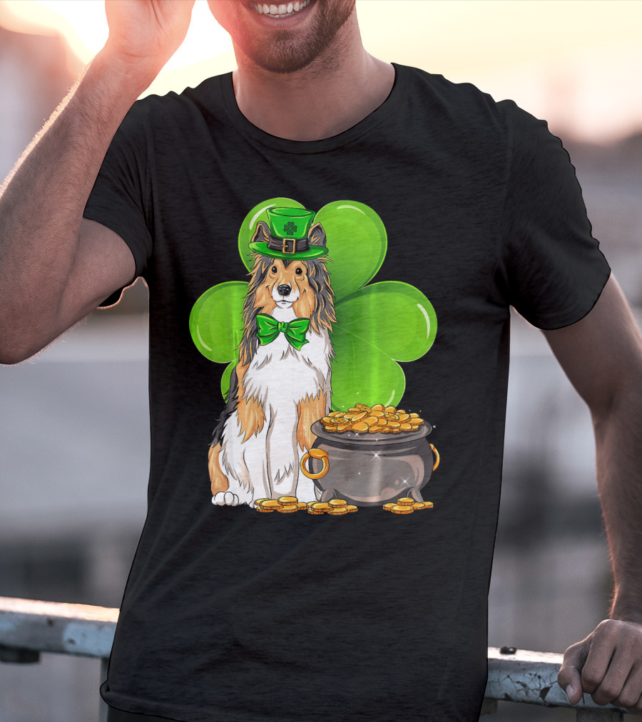 Shetland Sheepdog St Patricks Day Leprechaun Clover And Pot Of Gold T-Shirt