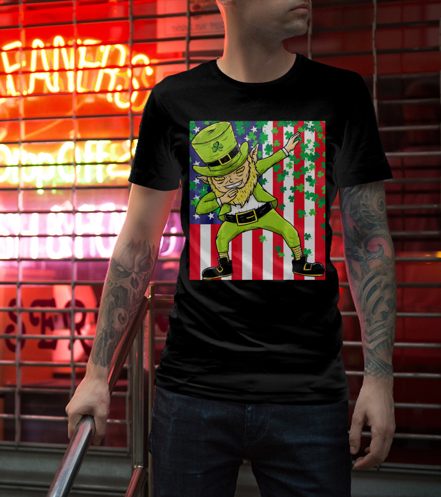 American Flag Dabbing Leprechaun St Patrick's Day Shamrocks T-Shirt