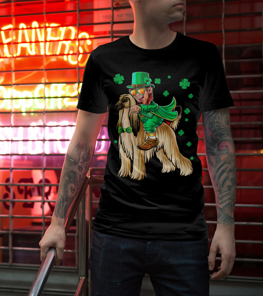 Leprechaun Riding Afghan Hound With Shamrocks St. Patrick's Day T-Shirt