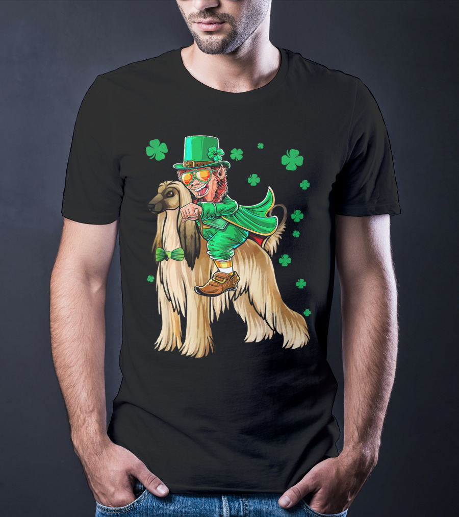 Leprechaun Riding Afghan Hound With Shamrocks St. Patrick's Day T-Shirt