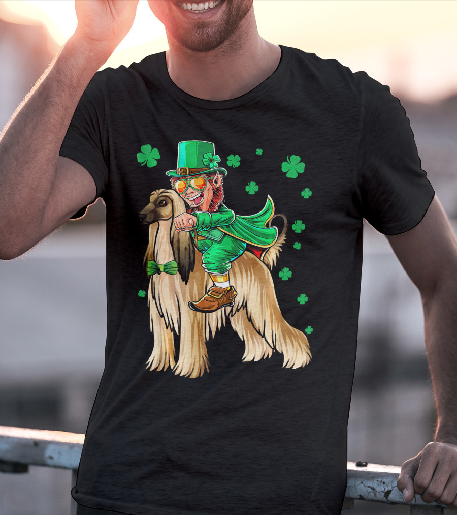 Leprechaun Riding Afghan Hound With Shamrocks St. Patrick's Day T-Shirt