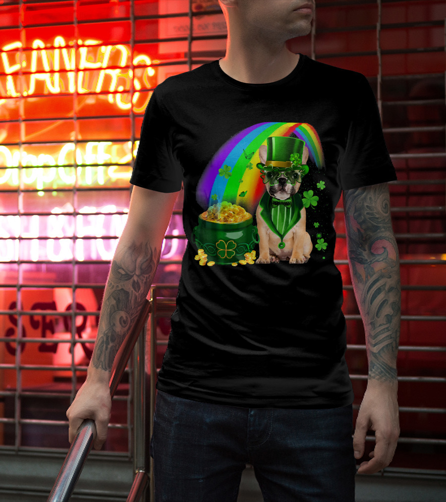 French Bulldog Irish Leprechaun With Pot Of Gold And Shamrocks T-Shirt