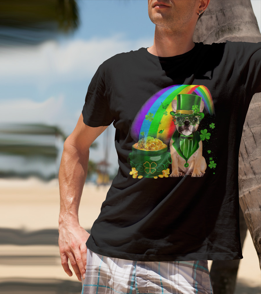 French Bulldog Irish Leprechaun With Pot Of Gold And Shamrocks T-Shirt