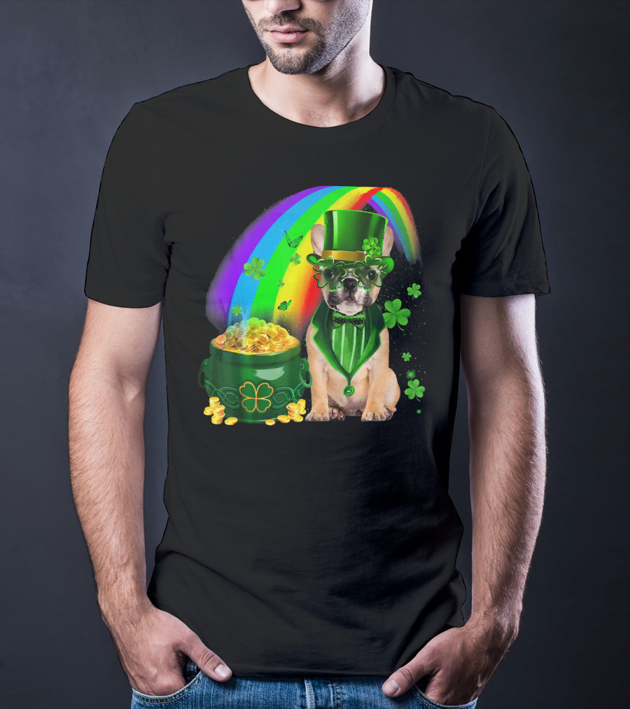 French Bulldog Irish Leprechaun With Pot Of Gold And Shamrocks T-Shirt