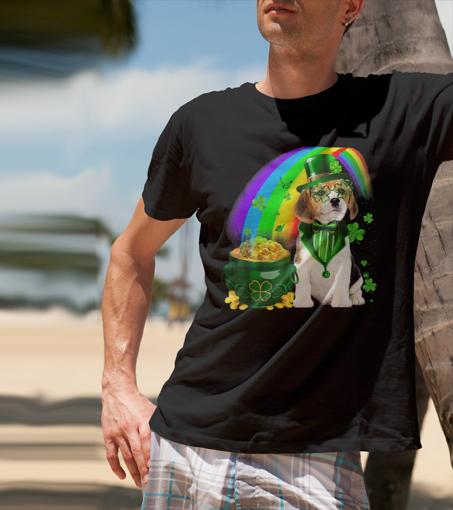 Beagle Dog Rainbow Leprechaun Hat Shamrock Coin Pot T-Shirt