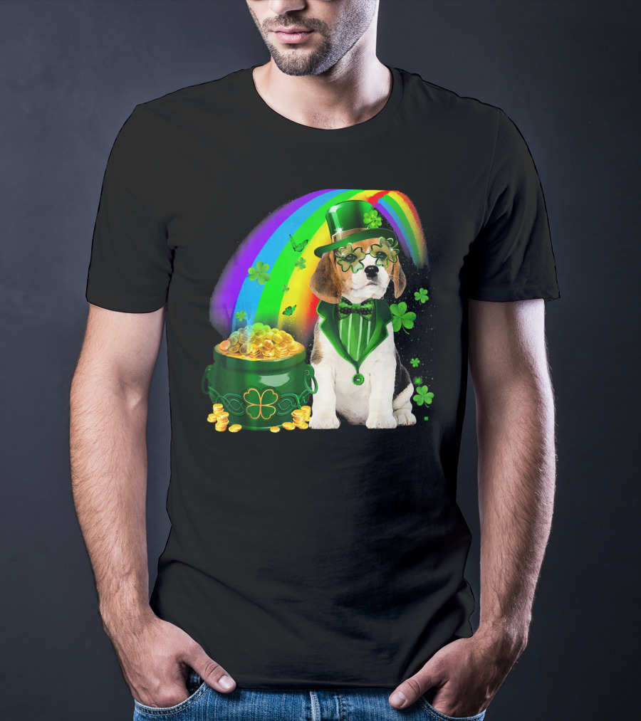 Beagle Dog Rainbow Leprechaun Hat Shamrock Coin Pot T-Shirt