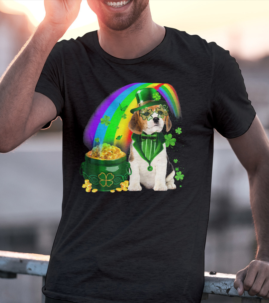 Beagle Dog Rainbow Leprechaun Hat Shamrock Coin Pot T-Shirt