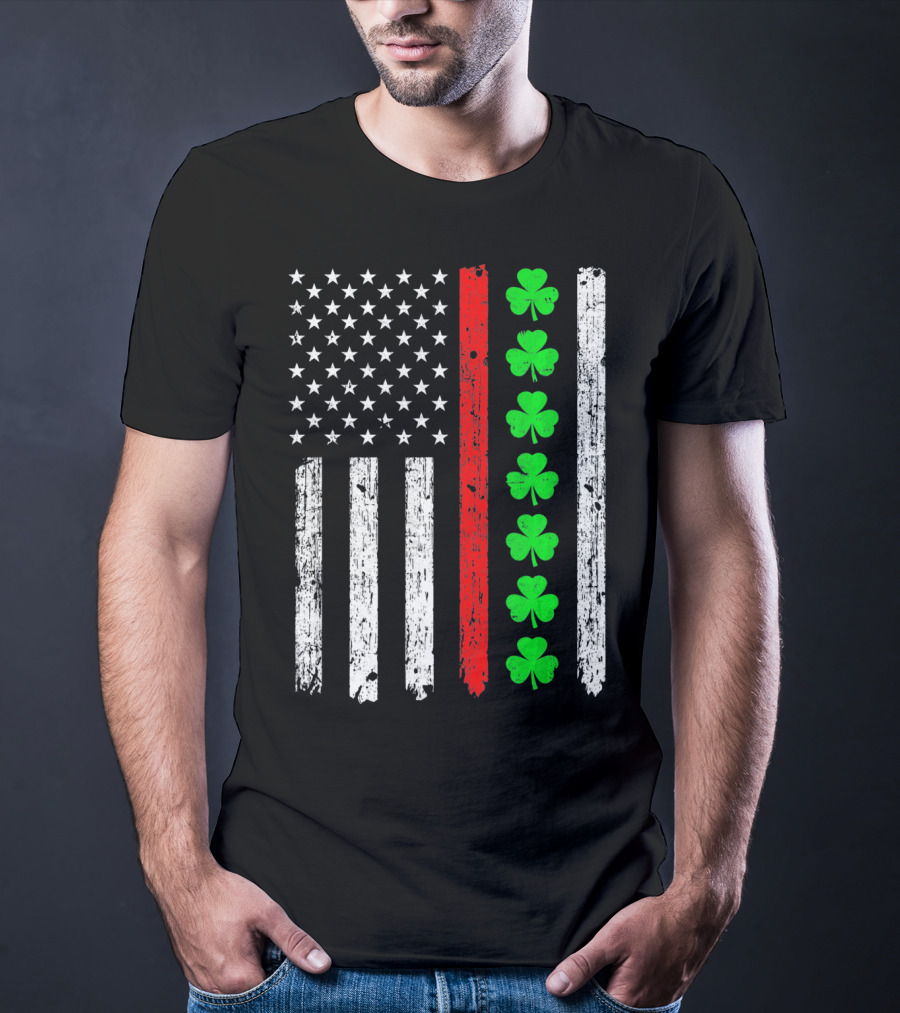 American Flag Thin Red Line Shamrock Irish St Patricks T-Shirt