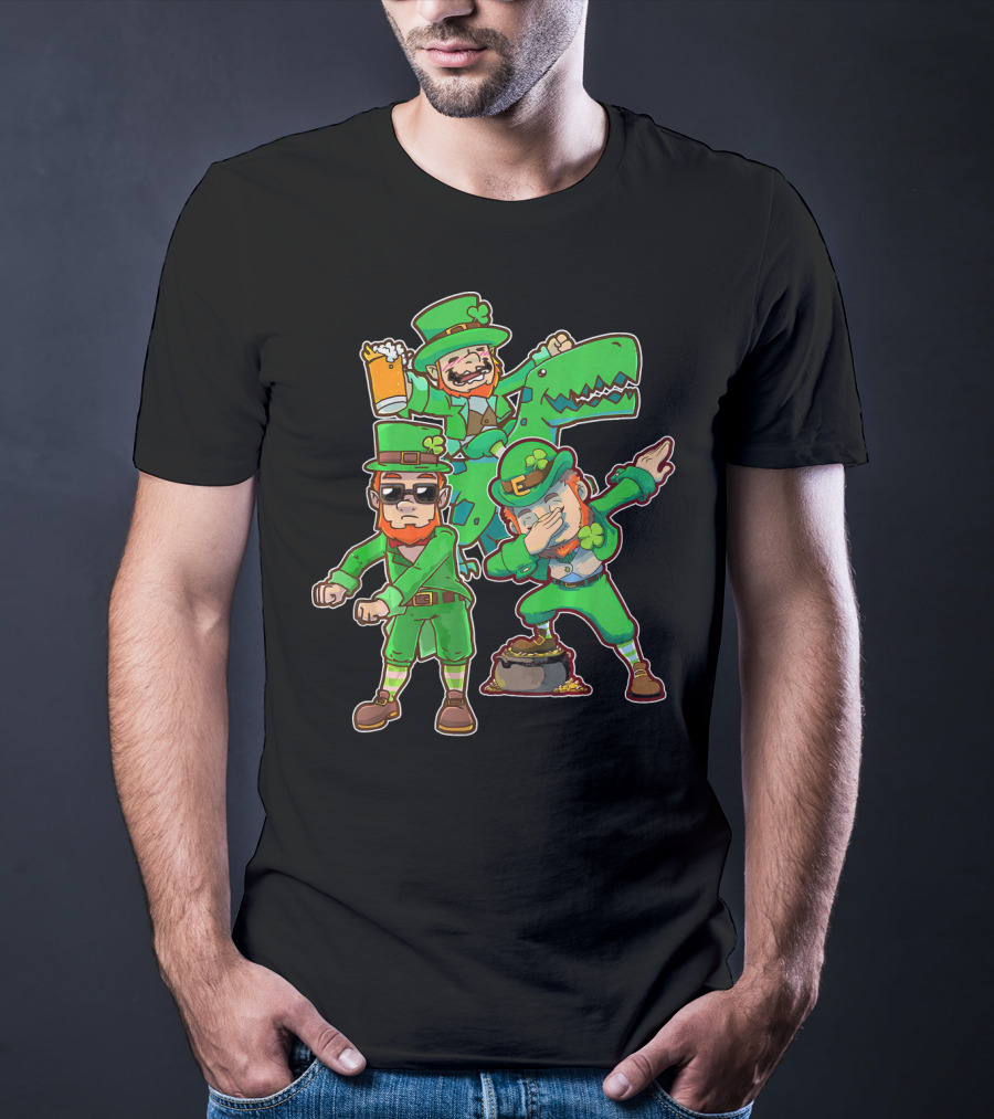Dabbing Leprechaun Flossing Dinosaur Beer Pot Of Gold T-Shirt