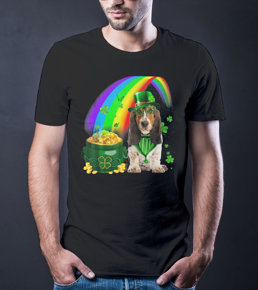 Basset Hound With Leprechaun Hat Rainbow And Pot Of Gold T-Shirt