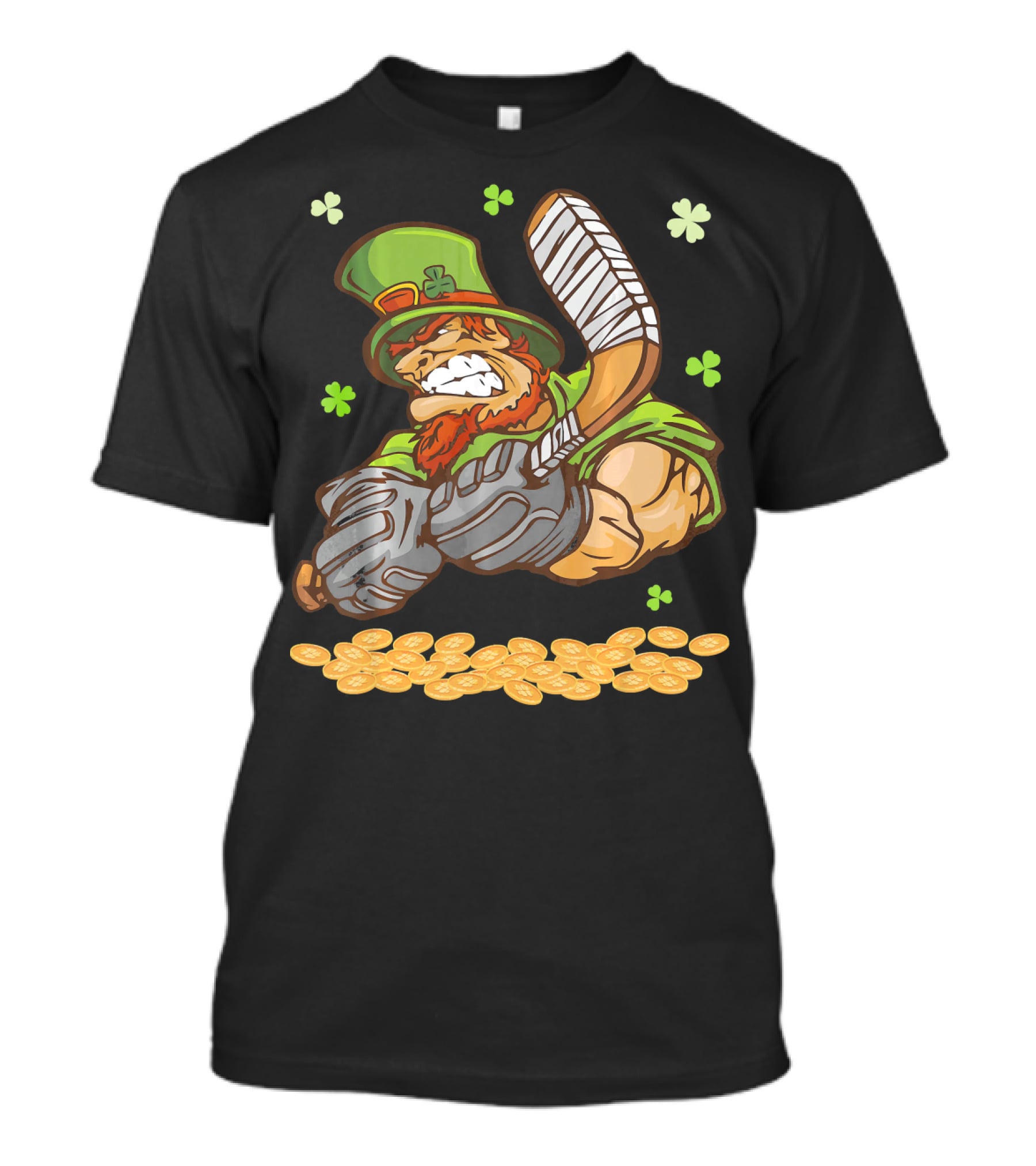 Leprechaun Swinging Hockey Stick Surrounded By Shamrocks And Gold Coins T-Shirt