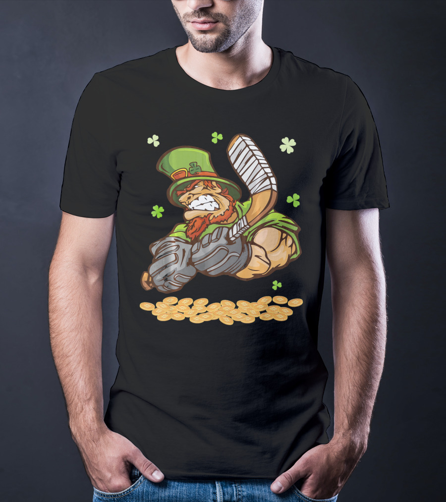 Leprechaun Swinging Hockey Stick Surrounded By Shamrocks And Gold Coins T-Shirt