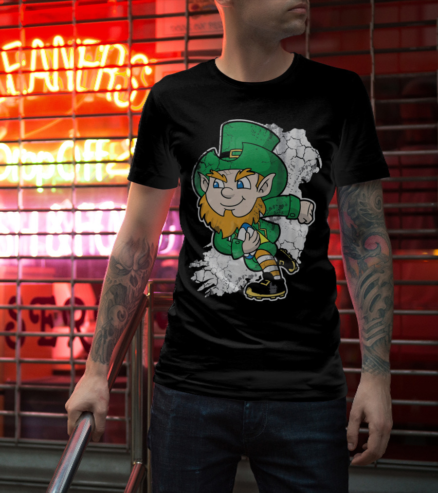 Irish Rugby Leprechaun With Rugby Ball On Cracked Background T-Shirt