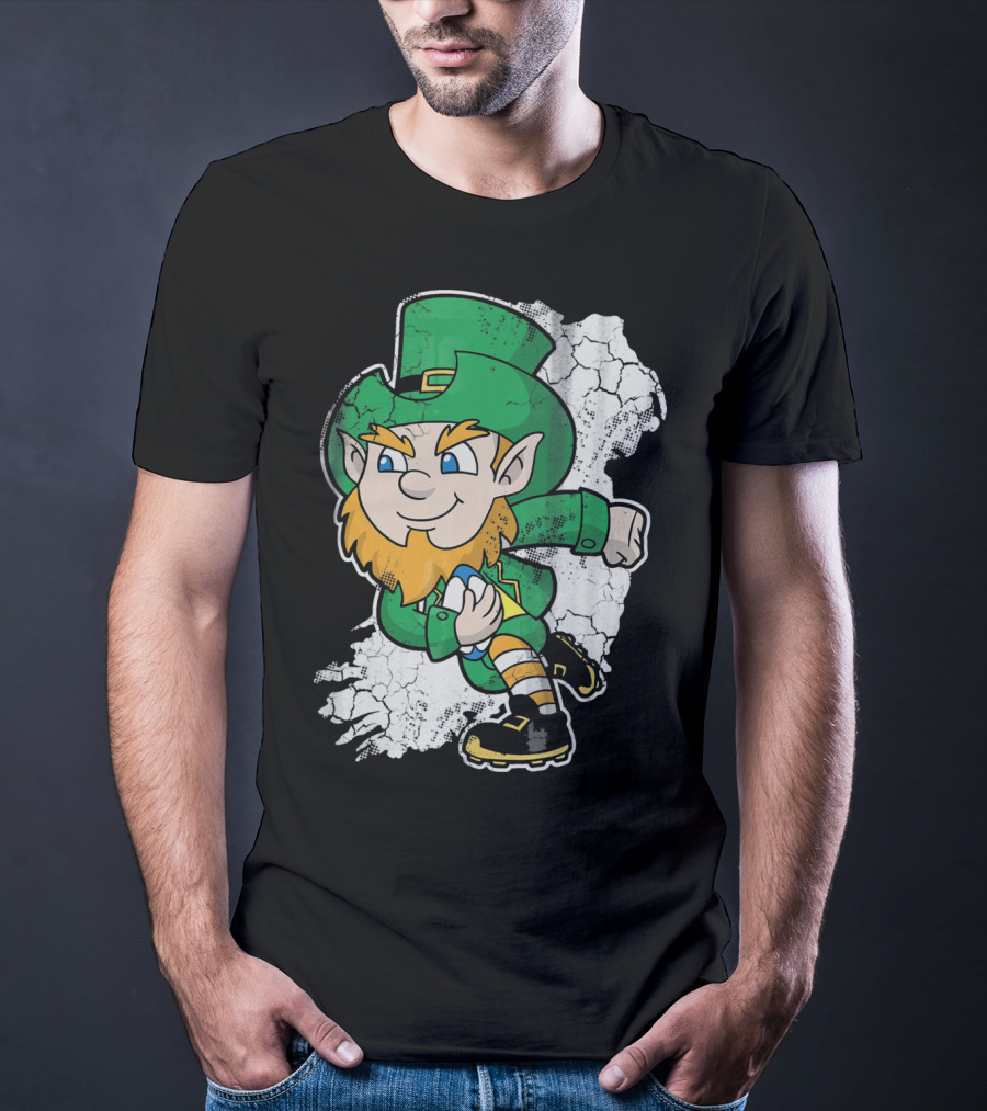 Irish Rugby Leprechaun With Rugby Ball On Cracked Background T-Shirt