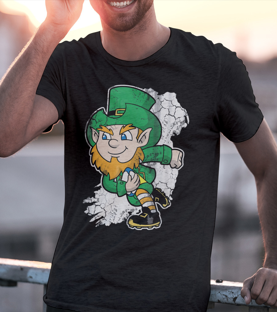 Irish Rugby Leprechaun With Rugby Ball On Cracked Background T-Shirt