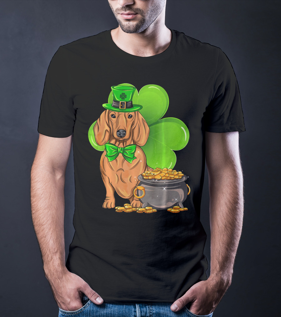 Dachshund St Patricks Day Leprechaun Dog Shamrock Hat Pot Of Gold T-Shirt