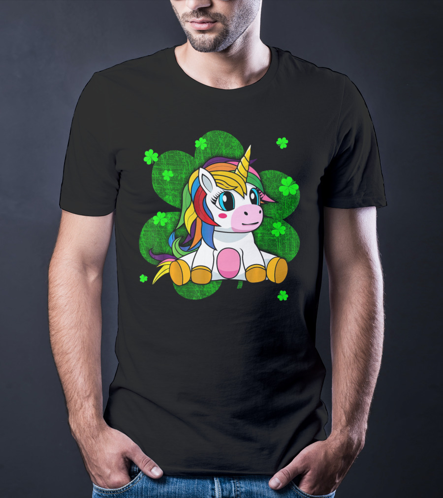 Cute Kids Unicorn Girls St Patrick Clover Rainbow T-Shirt