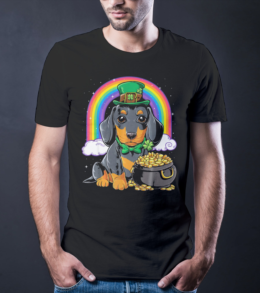 Dachshund Leprechaun Hat Rainbow Pot Of Gold T-Shirt