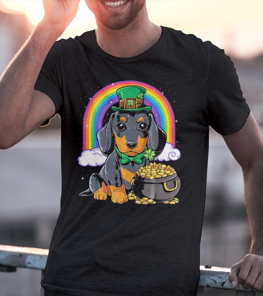 Dachshund Leprechaun Hat Rainbow Pot Of Gold T-Shirt