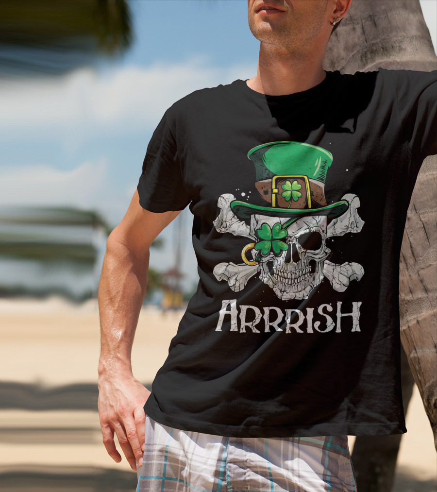 Arrrish Leprechaun Pirate Skull With Green Hat And Clover Eyepatch T-Shirt