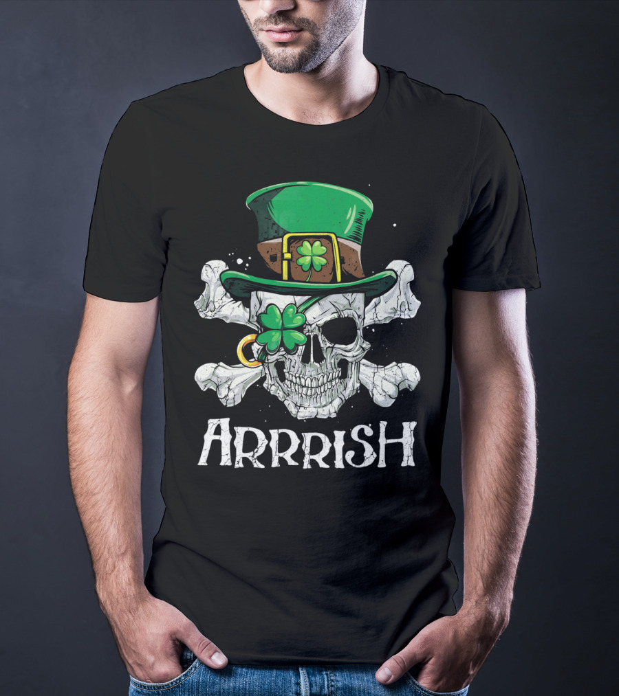 Arrrish Leprechaun Pirate Skull With Green Hat And Clover Eyepatch T-Shirt