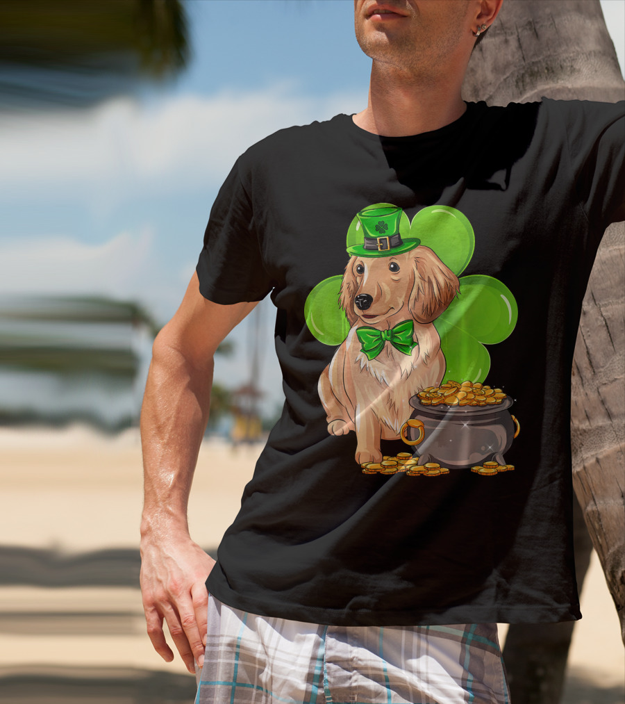 Miniature Dachshund St Patricks Day Leprechaun With Shamrock And Pot Of Gold T-Shirt