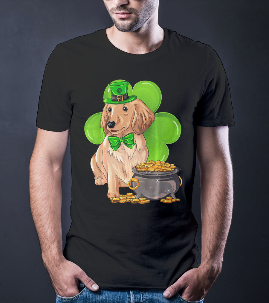 Miniature Dachshund St Patricks Day Leprechaun With Shamrock And Pot Of Gold T-Shirt