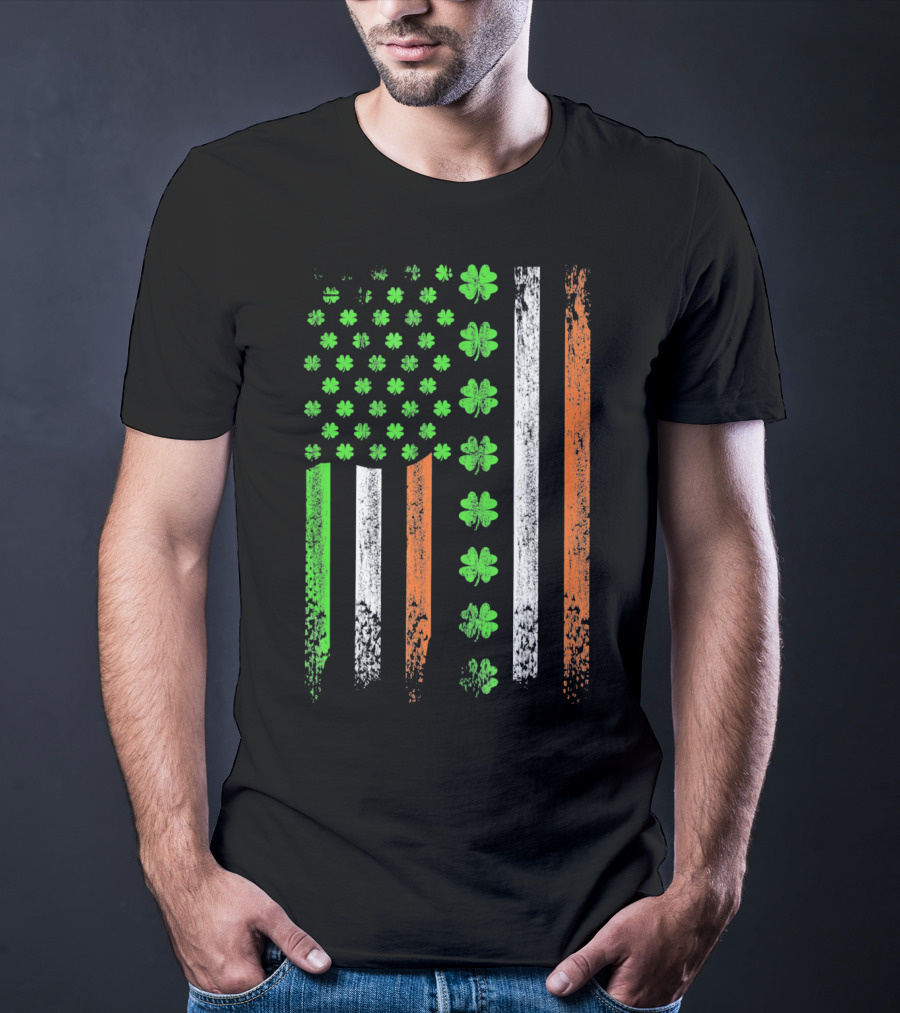 St Patricks Day US Flag With Shamrocks And Irish Colors T-Shirt