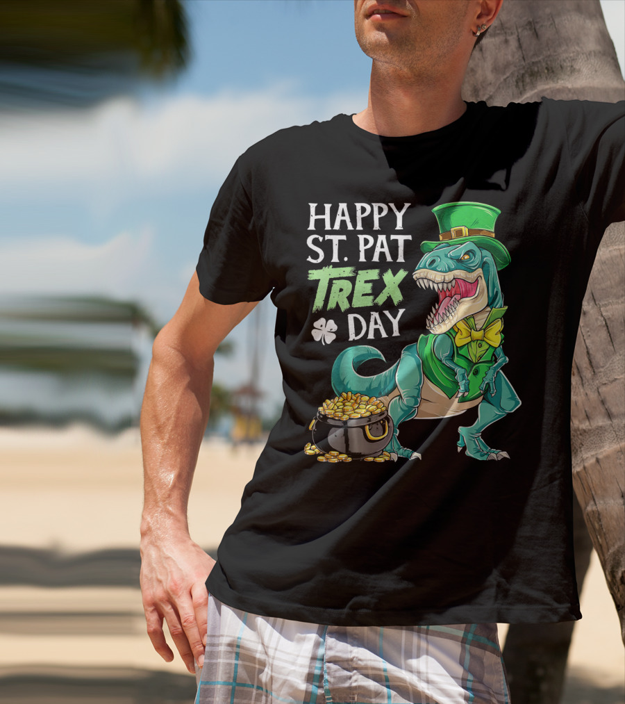 Happy St Pat Trex Day Leprechaun Dinosaur With Pot Of Gold And Clover T-Shirt