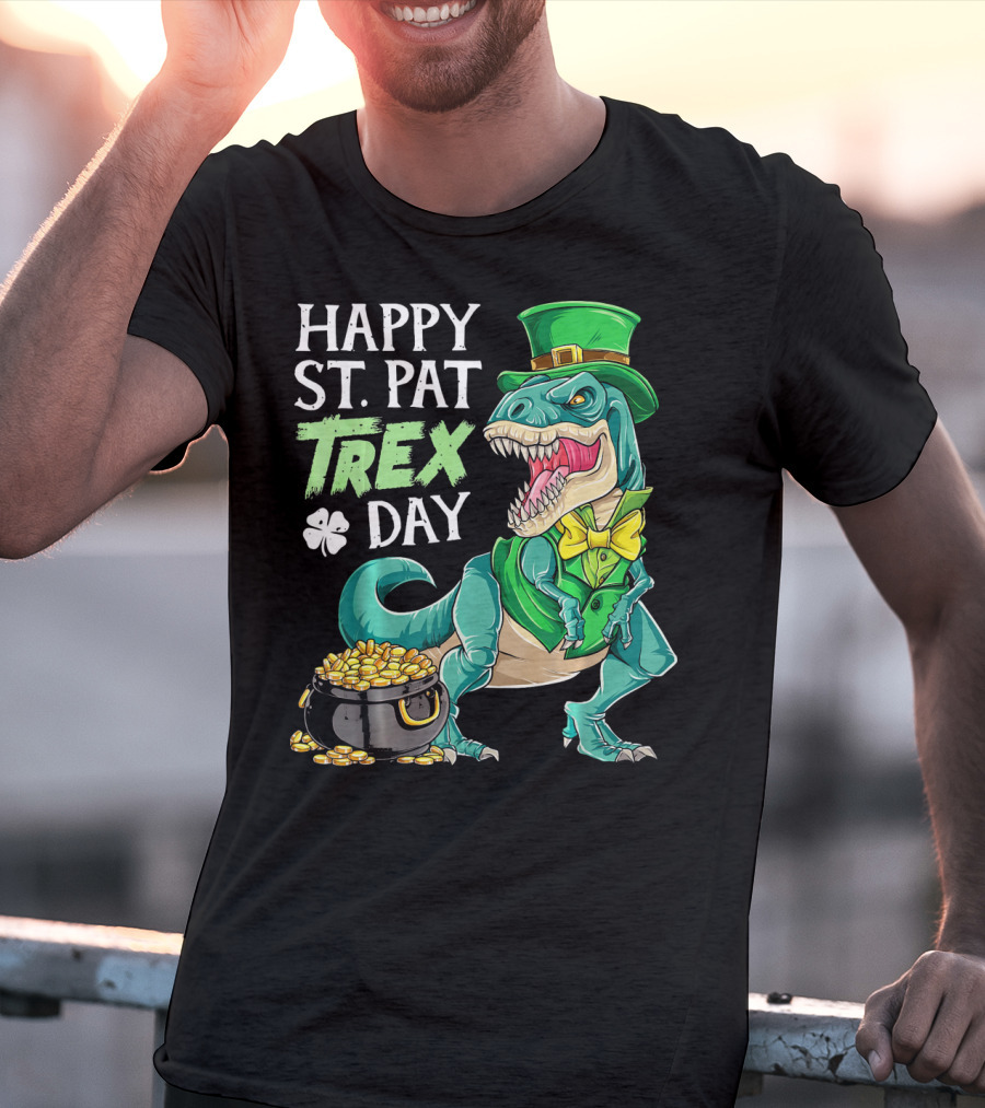 Happy St Pat Trex Day Leprechaun Dinosaur With Pot Of Gold And Clover T-Shirt