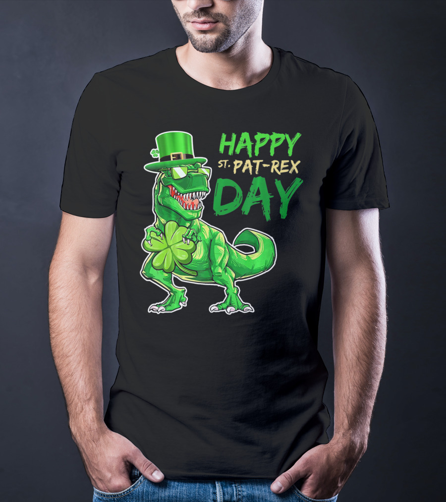 Happy St Pat Rex Day Saint Patricks Day Dinosaur With Shamrock And Green Hat T-Shirt