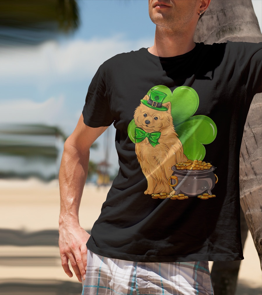 Pomeranian St Patricks Day Leprechaun Dog With Pot Of Gold And Clover T-Shirt