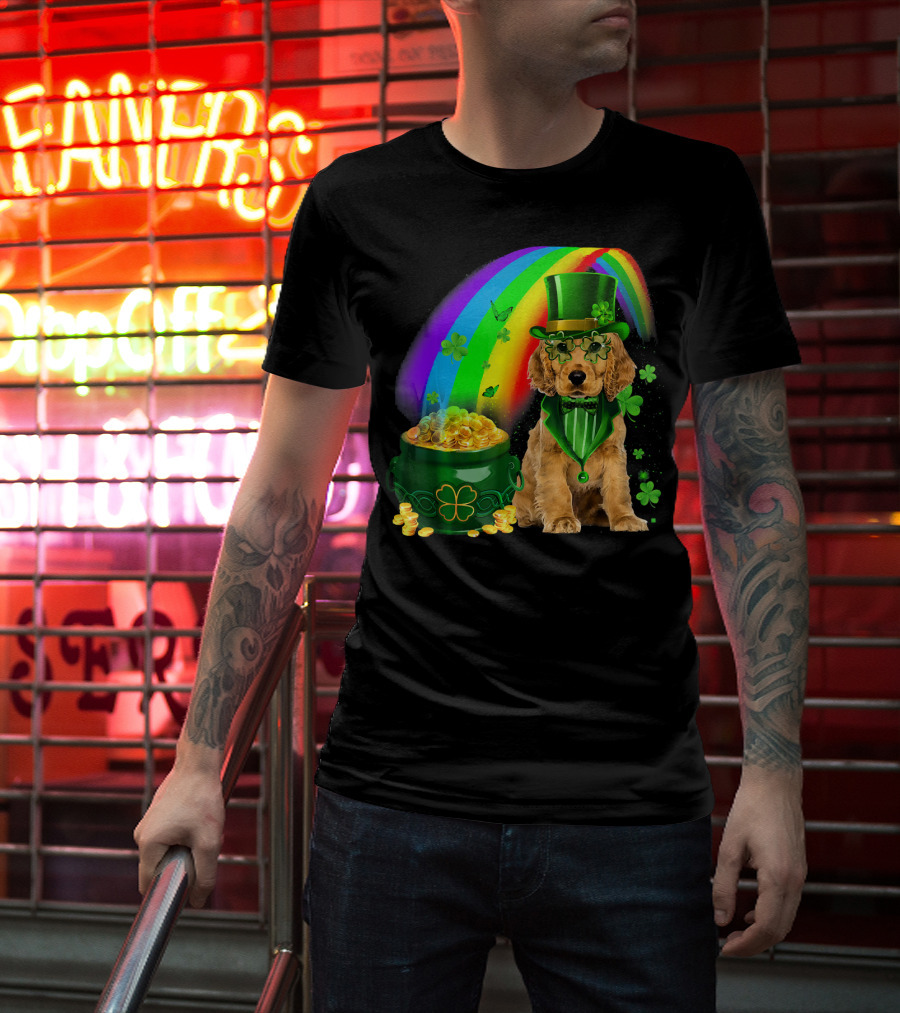 Cocker Spaniel Dog Wearing Irish Leprechaun Hat With Gold Coins And Rainbow T-Shirt
