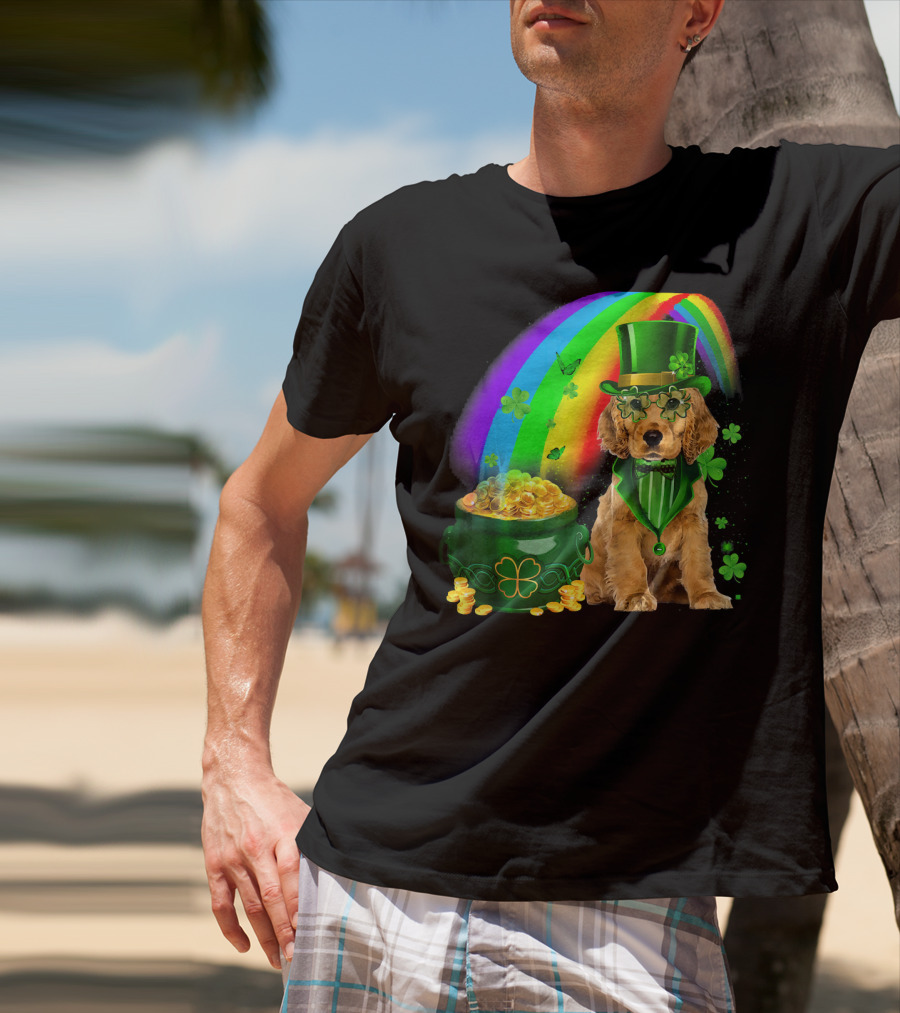 Cocker Spaniel Dog Wearing Irish Leprechaun Hat With Gold Coins And Rainbow T-Shirt
