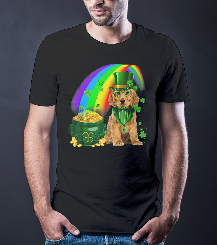 Cocker Spaniel Dog Wearing Irish Leprechaun Hat With Gold Coins And Rainbow T-Shirt