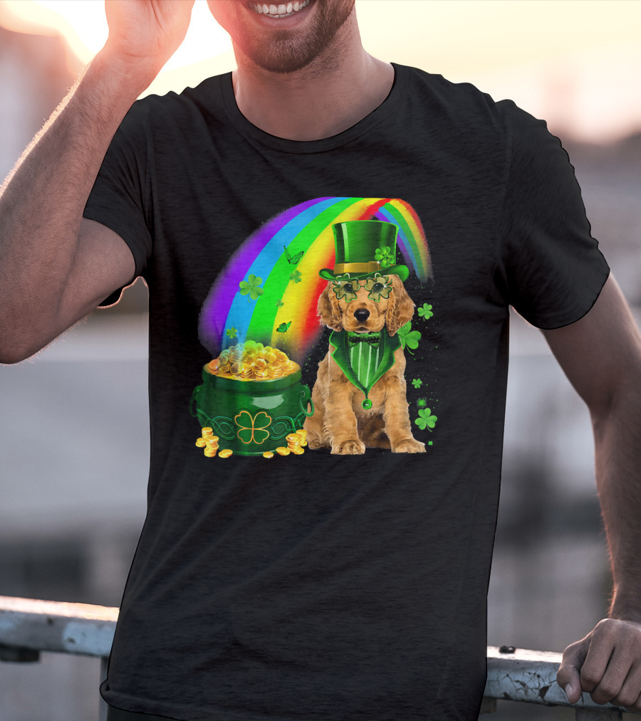 Cocker Spaniel Dog Wearing Irish Leprechaun Hat With Gold Coins And Rainbow T-Shirt