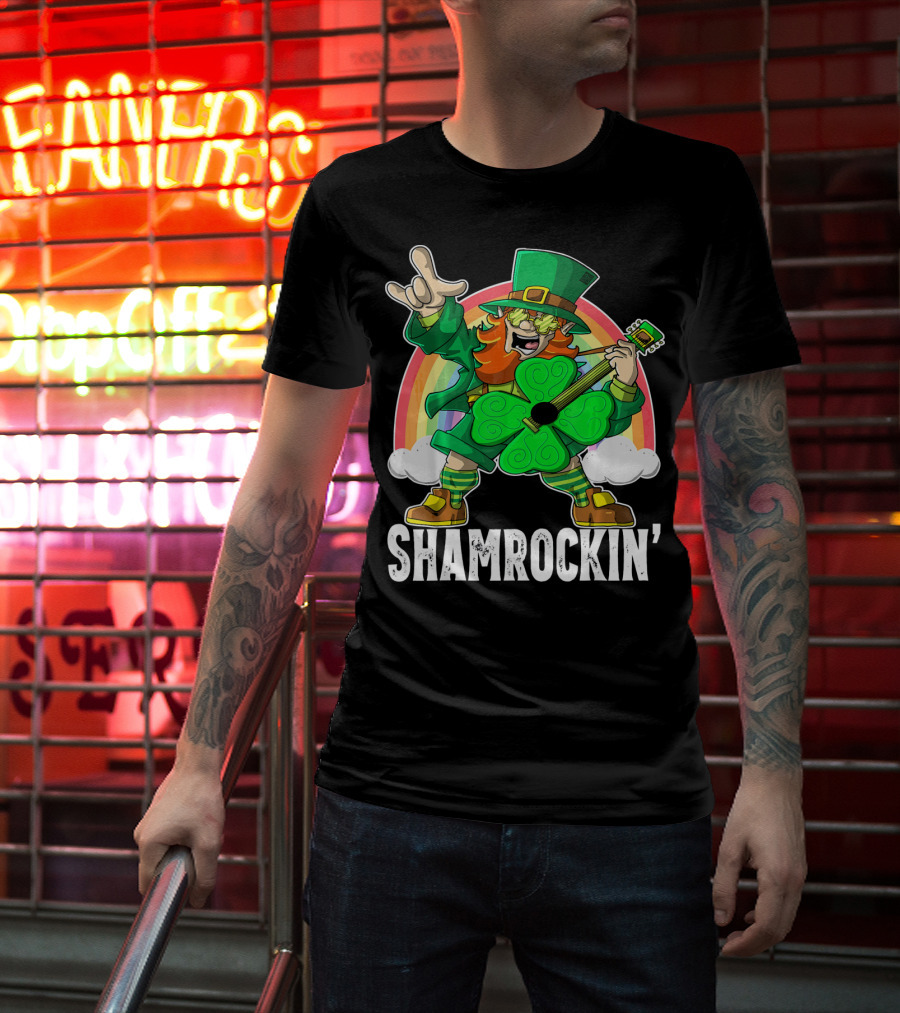Shamrockin' Leprechaun Rainbow Guitar T-Shirt