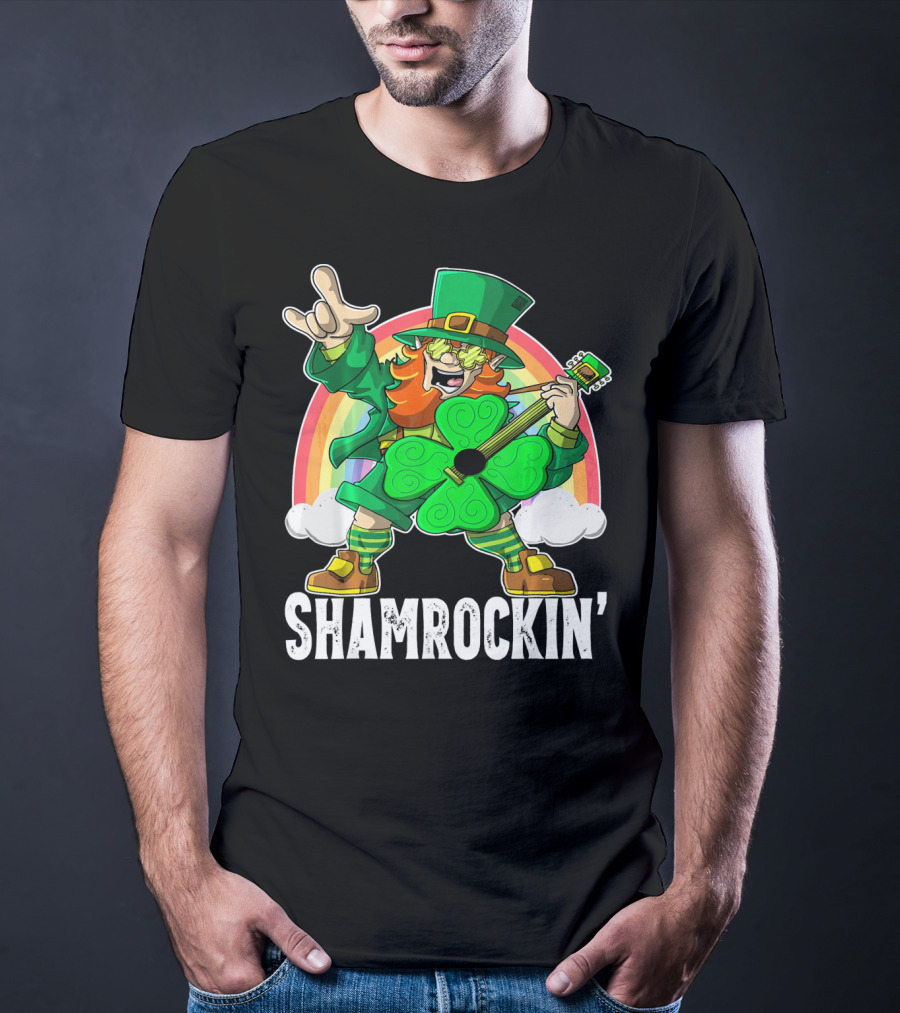 Shamrockin' Leprechaun Rainbow Guitar T-Shirt
