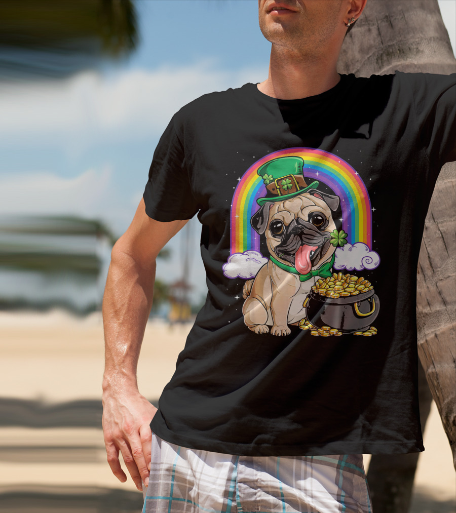 Pug St Patricks Day Boys Men Lep Leprechaun Hat Rainbow Pot Of Gold T-Shirt