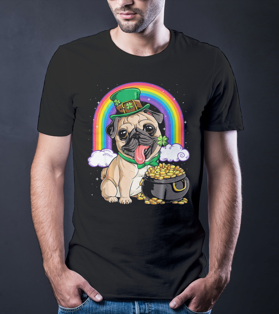 Pug St Patricks Day Boys Men Lep Leprechaun Hat Rainbow Pot Of Gold T-Shirt