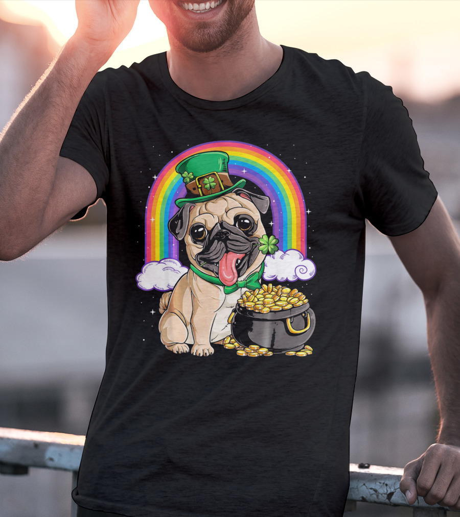 Pug St Patricks Day Boys Men Lep Leprechaun Hat Rainbow Pot Of Gold T-Shirt