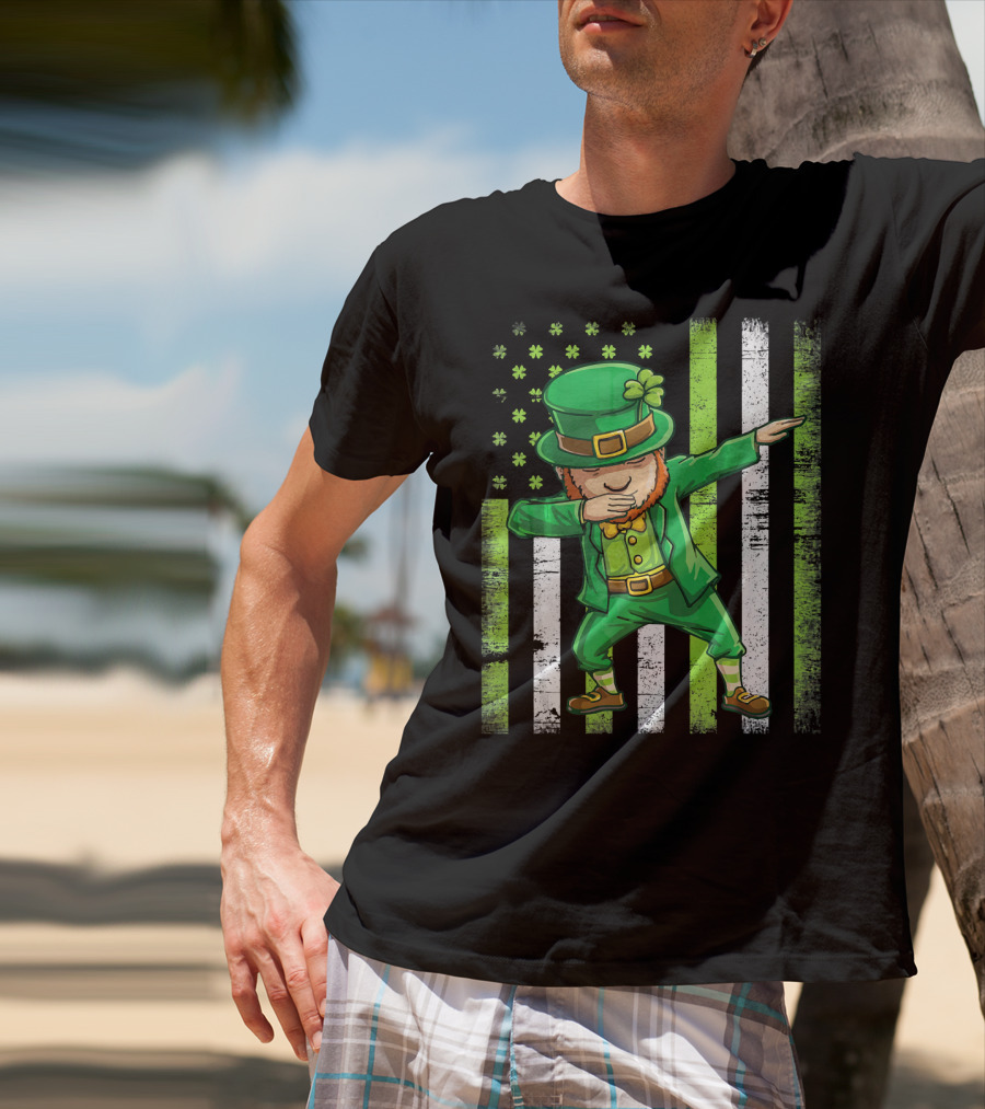 Leprechaun Dabbing With Shamrock Irish Flag Stripes T-Shirt